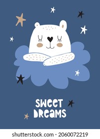 Cute Little Bear Sleeping on a White Fluffy Cloud on Dark Blue Background. Simple Nursery Vector Illustrations with Baby Bear, Stars and Cloud ideal for Card, Wall Art, Poster, Kids Room Decoration.