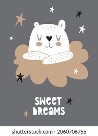 Cute Little Bear Sleeping on a White Fluffy Cloud on Dark Gray Background. Simple Nursery Vector Illustrations with Baby Bear, Stars and Cloud ideal for Card, Wall Art, Poster, Kids Room Decoration.