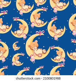 Cute little bear sleeping on the moon seamless pattern design, vector illustration, kids fashion artworks, baby graphics for wallpapers and prints.