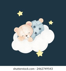 Pequeño oso lindo que duerme en la nube, ilustración de arte de la guardería de la acuarela para el bebé y los niños