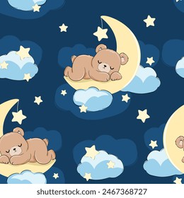 Cute little bear sleeping on the moon seamless pattern, vector illustration, Hand Drawn Cute kids graphics prints for pajamas textile