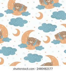 Cute little bear sleeping on a month with clouds. Baby seamless pattern for posters, fabric prints and postcards. Vector