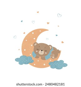 Cute little bear sleeping on the moon. Children's illustration for posters, fabric prints and children's cards on white background. Vector