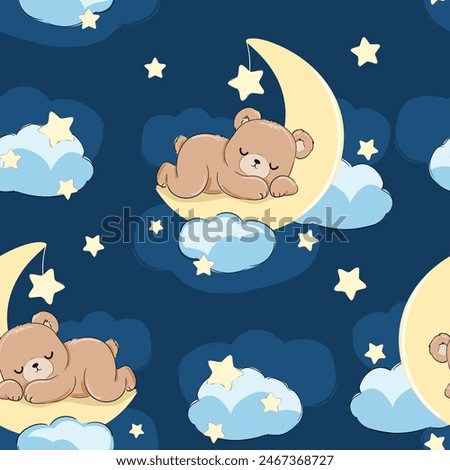 Cute little bear sleeping on the moon seamless pattern, vector illustration, Hand Drawn Cute kids graphics prints for pajamas textile