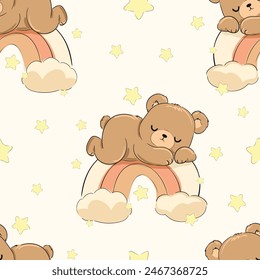 Cute little bear sleeping rainbow seamless pattern, vector illustration, Hand Drawn Cute kids graphics prints for pajamas textile