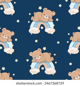 Cute little bear sleeping rainbow seamless pattern, vector illustration, Hand Drawn Cute kids graphics prints for pajamas textile