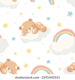Cute little bear sleeping rainbow seamless pattern, vector illustration, Hand Drawn Cute kids graphics prints for pajamas textile