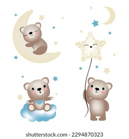 Cute little bear sleeps on the moon, sits on a cloud and holds a star ball. Vector illustration.
