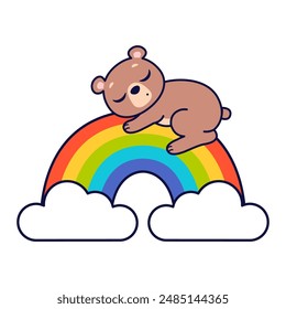 Cute little bear sleeps on the rainbow. Vector illustration