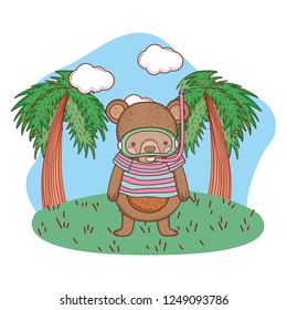 cute little bear with snorkel in the field