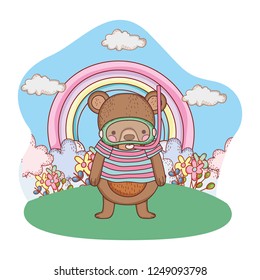 cute little bear with snorkel in the field