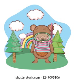 cute little bear with snorkel in the field