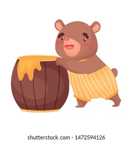 Cute little bear is standing next to a barrel of honey. Vector illustration on white background.