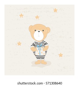 Cute little bear in striped suit with gift box, cartoon hand drawn vector illustration. Can be used for kids wear, baby shower, greeting card.