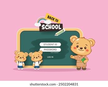 Cute little bear student cartoon characters, wearing student uniform in back to school. illustration vector premium.