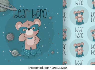 Cute little bear super heroes on the space with seamless pattern: can be used for cards, invitations, baby shower, posters; with white isolated background
