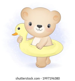 Cute little bear with a swim inflatable rubber ring illustration