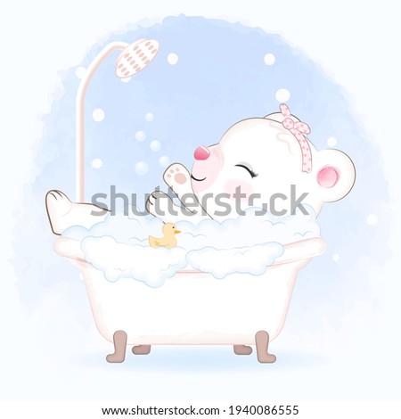 Cute Little Bear taking a bath in bathtub, hand drawn cartoon illustration