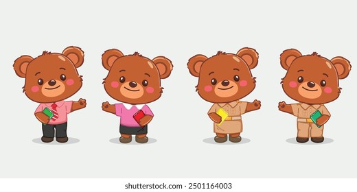 Cute little bear in teacher mascot. Cute cartoon bear happy teacher with a book in back to school. illustration vector premium.