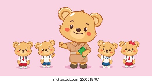Cute little bear teacher mascot with children in student uniform. illustration vector premium.