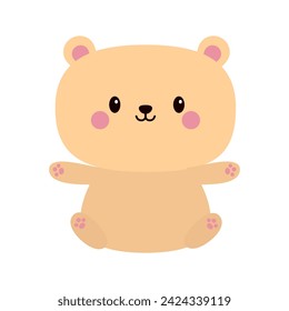Cute little bear toy sitting on the ground. Kawaii cartoon character icon. Brown grizzly. Funny head face. Pink paw print. Happy Valentines Day. Baby greeting card. Flat design White background Vector