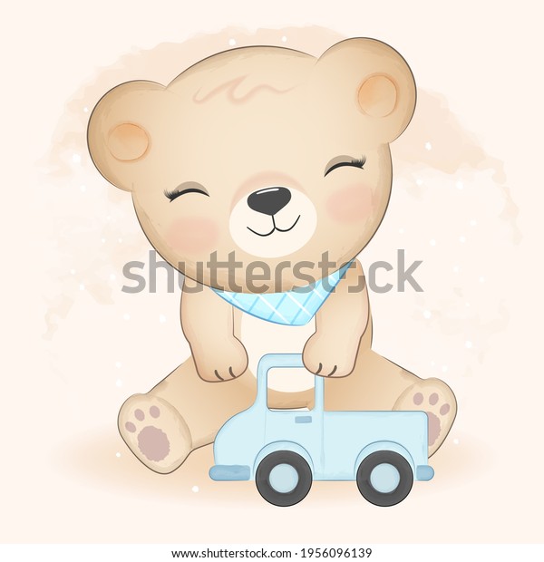 Cute\
little bear and truck toy hand drawn\
illustration