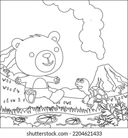 Cute little bear and turtle play around swamp.  Creative vector Childish design for kids activity colouring book or page.