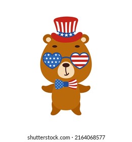 Cute little bear in USA patriotic hat and glasses. Cartoon animal character for kids t-shirt, decoration, baby shower, greeting card, invitation, house interior. Vector stock illustration