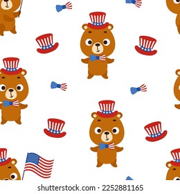 Cute little bear in USA patriotic hat seamless childish pattern. Funny cartoon animal character for fabric, wrapping, textile, wallpaper, apparel. Vector illustration