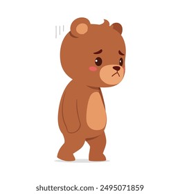 cute little bear walking alone and feeling sad