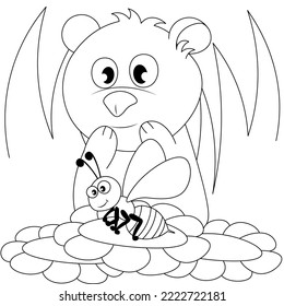 A cute little bear is watching a bee circling over the daisies