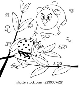 A cute little bear is watching a cocoon. Cartoon contour illustration isolated on white background