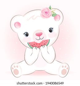 Cute Little Bear and watermelon, cartoon illustration