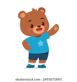 cute little bear waving hand and feeling happy