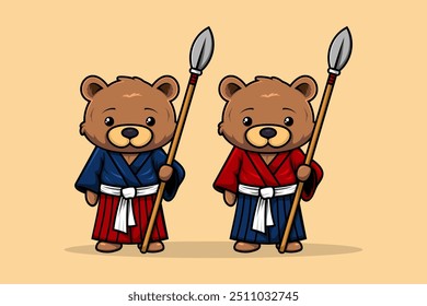 Cute Little Bear wear Hakama and Spear Character Mascot Cartoon Style