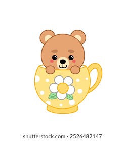 Cute little bear in yellow cup with chamomile. Cartoon, kawaii, vector
