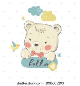 Cute little bear.cartoon hand drawn vector illustration. Can be used for baby t-shirt print, fashion print design, kids wear, baby shower celebration greeting and invitation card.