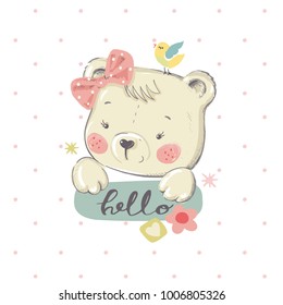 Cute little bear.cartoon hand drawn vector illustration. Can be used for baby t-shirt print, fashion print design, kids wear, baby shower celebration greeting and invitation card.