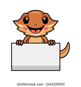 Cute little bearded dragon cartoon with blank sign