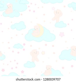Cute little bears flying on the clouds. Seamless pattern for kids bedroom isolated on white background