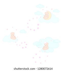 Cute little bears flying on the moon and clouds. Vector clip art isolated on white background. For kids and baby decor