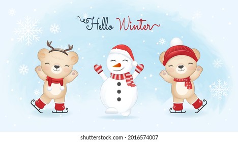 Cute little bears on ice skates and snowman, Christmas season illustration on winter background