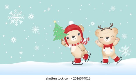 Pequeños osos osos en patines de hielo, ilustración de Navidad en el fondo del invierno