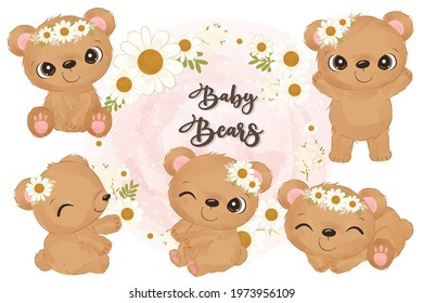 Cute little bears in set in watercolor illustration