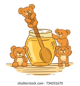Cute little bears with tasty honey, hand drawn vector illustration.