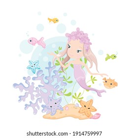 Cute little beautiful mermaid and star fishes vector colorful clip art on white background