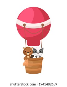 Cute little beaver, badger fly on red hot air balloon. Cartoon character for childrens book, album, baby shower, greeting card, party invitation, house interior. Vector stock illustration.