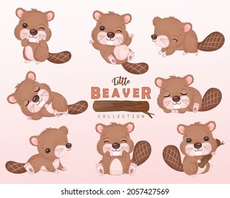 Cute Little Beaver Clipart Collection In Watercolor Illustration	
