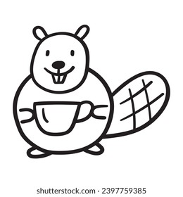 Cute little beaver with coffee cup.  Emblem. Vector icon. Hand drawn illustration on white background. 
