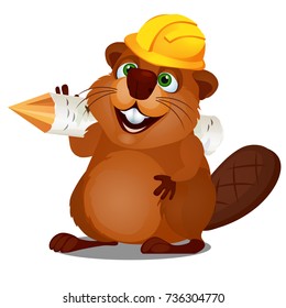 Cute little beaver with his sharpened stick and helmet of the Builder isolated on white background. Vector cartoon close-up illustration.